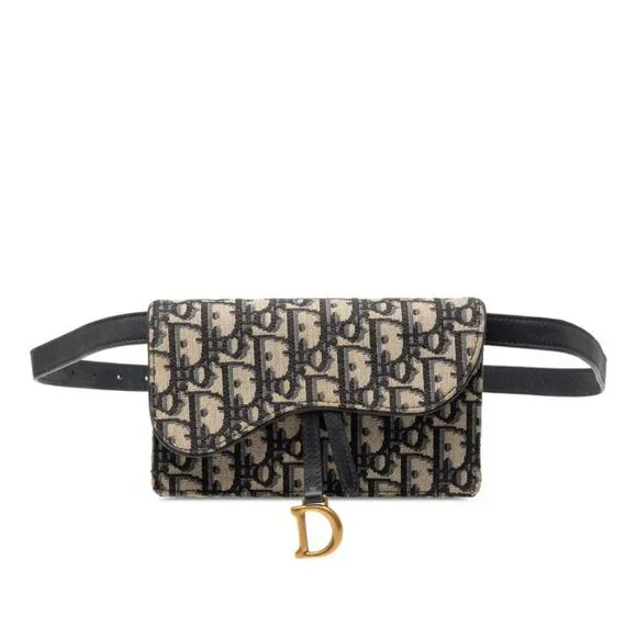 Dior Oblique Saddle Waist Bag Body Bag Shoulder Bag Beige Navy Canvas Leather - Picture 1 of 6